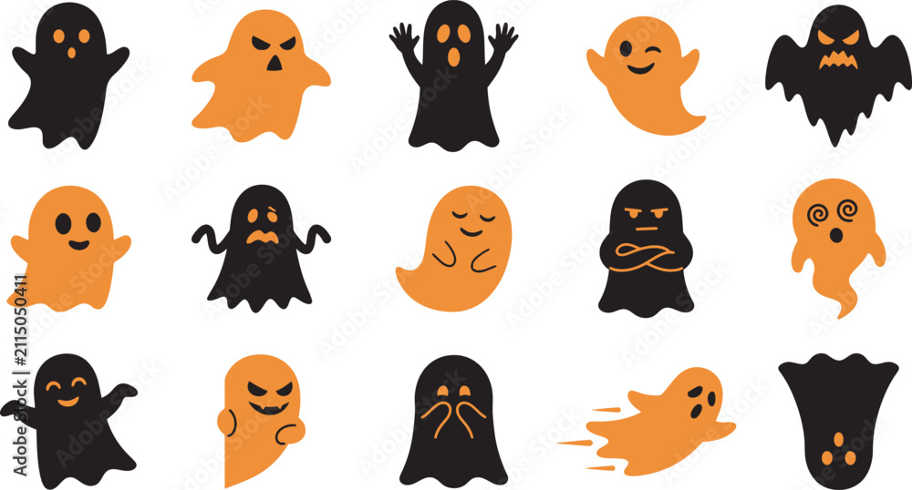 Fototapeta premium A collection of cute black and orange ghost stickers featuring various spooky expressions for creative halloween party decorations and festive seasonal crafts