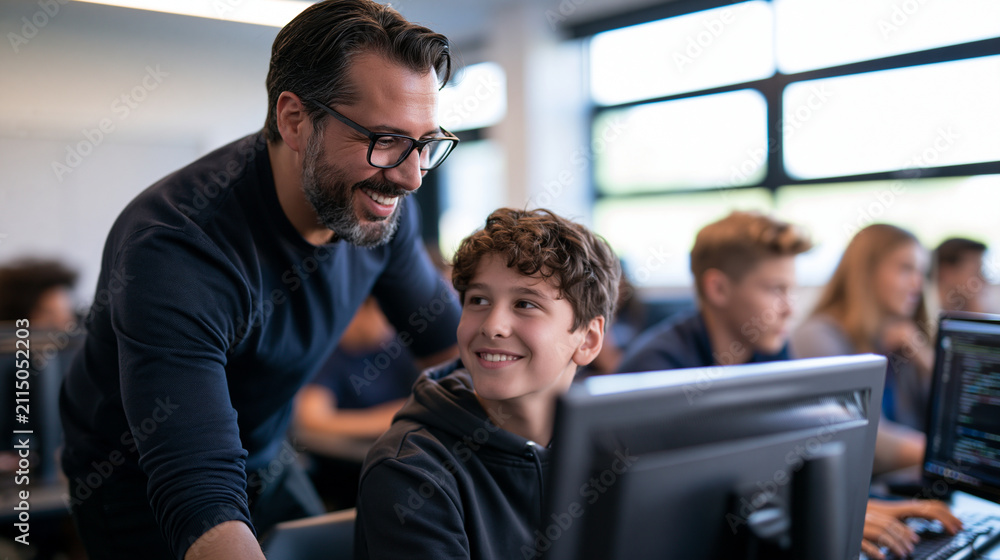 Obraz premium In a brightly lit modern computer science classroom a young male teacher with glasses stands beside a student's computer monitor smiling while explaining coding concepts on the scr