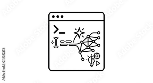 Web browser interface with code line, neural network diagram, and lightbulb icon representing AI technology, data processing, and digital innovation concept AQ