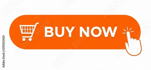 Bright orange buy now shopping button with cart icon and hand click