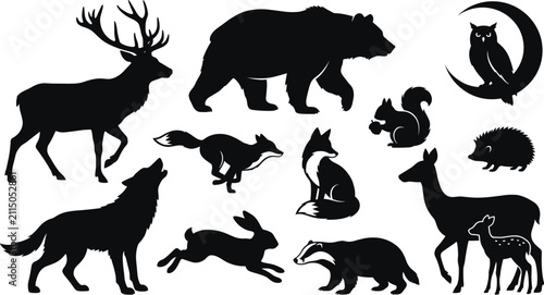 Silhouette collection of wild forest animals including deer, bear, owl, squirrel, hedgehog, fox, wolf, rabbit, badger, and fawn