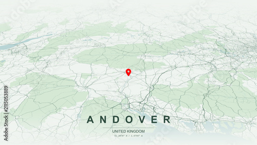 Modern minimalist vector map of Andover, Hampshire, England. High-quality scalable illustration of Andover geographic boundaries along River Anton contours for posters design.