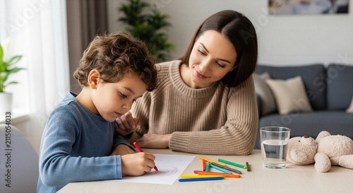 Parent supports child during quiet drawing routine, illustrating stress recovery, mindful family care, coping skills and healthy emotional development.