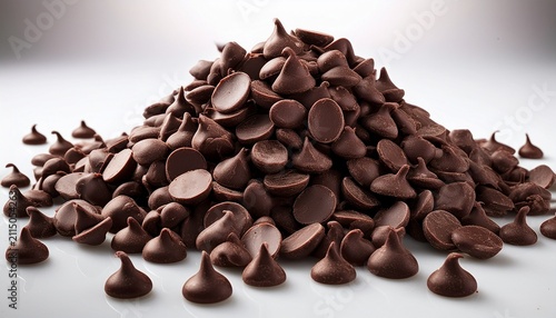 a close up image of a pile of dark chocolate chips on a white background showcasing their glossy texture and rich brown color