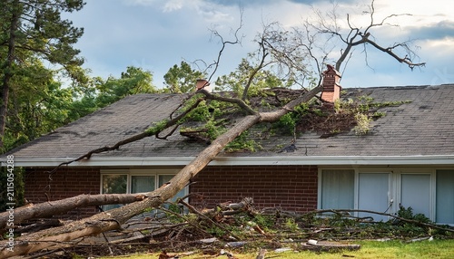 fallen tree branch on a house roof after a storm causing damage and creating a hazardous situation with debris scattered around
