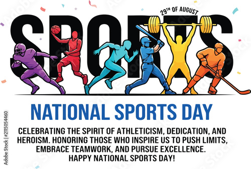 Фотография National sports day graphic design template featuring diverse athletic figures in action poses with typography celebrating spirit of dedication heroism teamwork excellence on transparent background