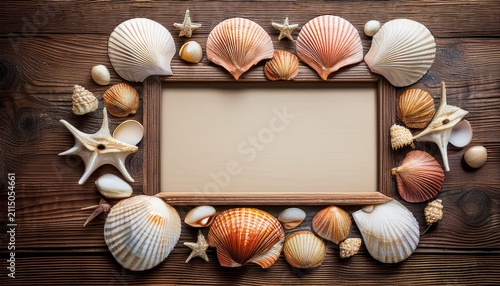 beautiful seashell frame with a blank center on a rustic wooden surface