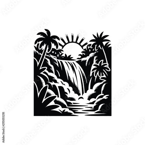 Tropical waterfall landscape with palm trees and rising sun illustration vector.