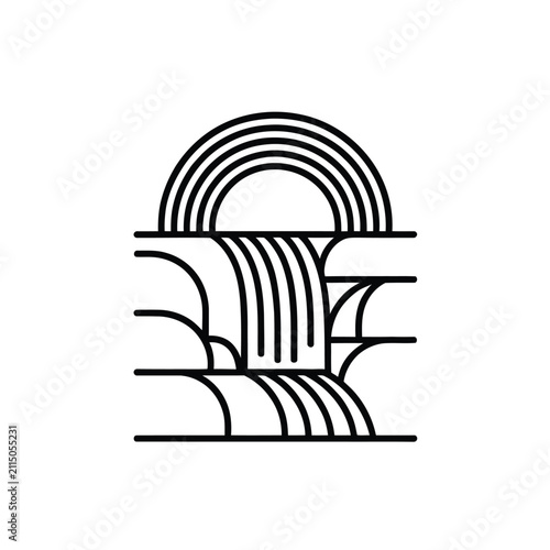 Linear waterfall icon with rainbow arc representing natural beauty and serenity.