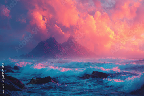 Ocean waves crashing against rocks with mountains and pink clouds during sunset
