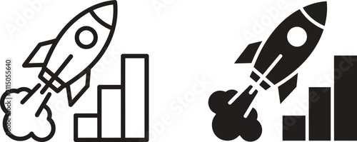 Startup Rocket Launch & Business Growth Bar Chart Vector Icons