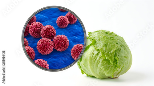 Fresh green cabbage head with a magnified circular view of microscopic cells and plant structure