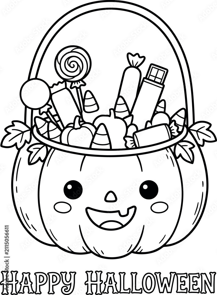 Obraz premium Pumpkin Basket Filled With Halloween Candy Black And White Vector Illustration