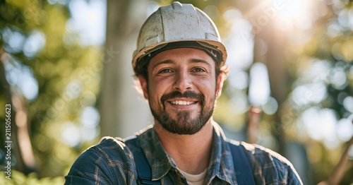 Close-up portrait of a cheerful, bearded male construction worker in a safety helmet smiling confidently outdoors with warm natural light filtering through trees behind him