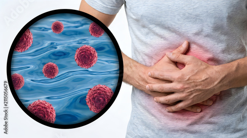 Person holding stomach with abdominal pain and close up view of virus cells inside the body representing infection and digestive health issues