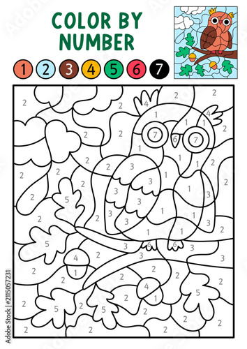 Vector forest color by number activity with owl sitting on acorn tree. Woodland black and white counting, colouring game. Cute coloring page for kids. Line printable worksheet with wild bird