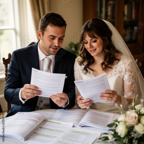 Bride and groom reading wedding documents indoors