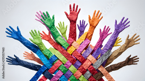 Many raised hands wearing colorful rubber gloves in a group showing teamwork and community spirit