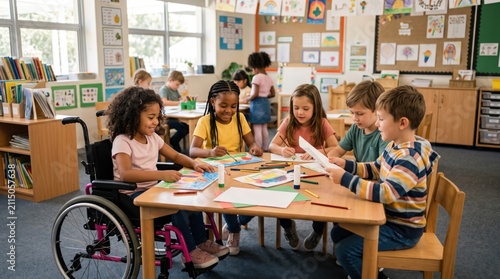 Accessible classroom table includes child using wheelchair with classmates, showing inclusive primary school belonging, equal participation and universal design in learning.