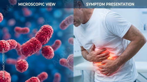 Microscopic view of red virus bacteria cells and a person with stomach pain symptom presentation