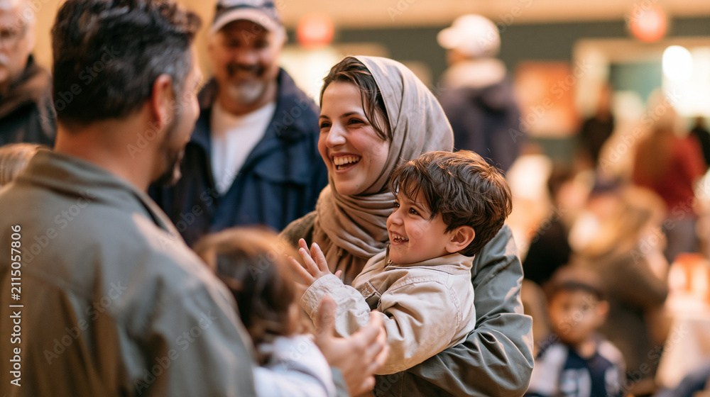Fototapeta premium Diverse family smiling and embracing during outdoor celebration with laughter and parent-child bonding in warm community gathering