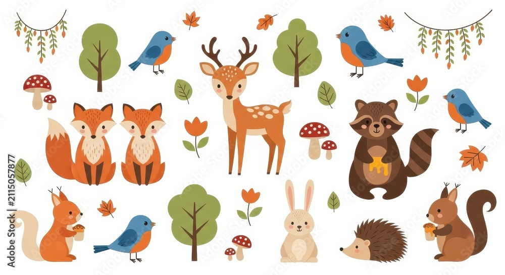 Fototapeta premium Cute Forest Animals Vector Set with Deer Fox Raccoon Squirrel Rabbit Hedgehog and Autumn Nature Elements for Kids Design