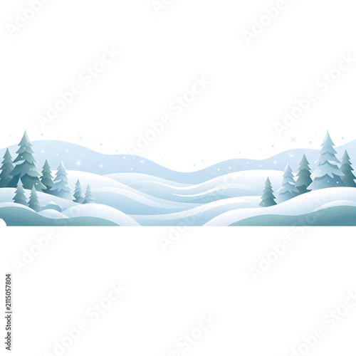 Winter landscape with snowy hills and pine trees. Isolated snowy forest border on white.