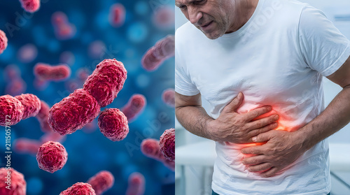 Man suffering from severe abdominal stomach pain caused by viral infection or bacteria cells