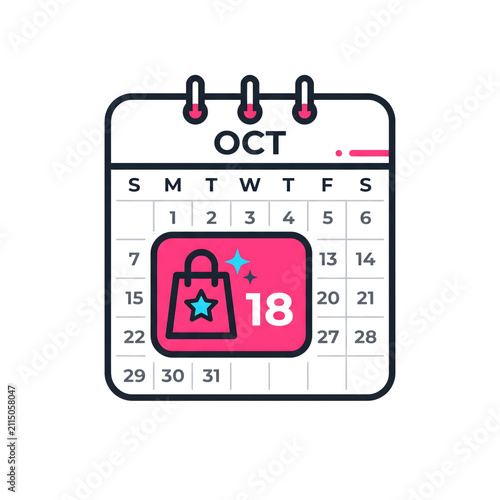 October calendar with shopping date. Marked sale day on calendar icon.