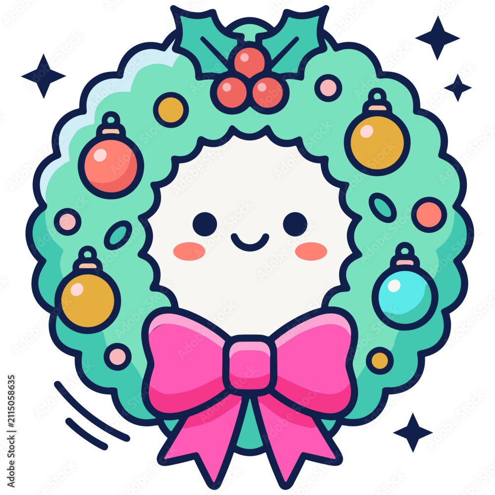 Obraz premium Kawaii Christmas Wreath with Ornaments Flat Vector Illustration