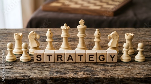  Wooden chess pieces arranged around strategy blocks representing business planning and leadership concept