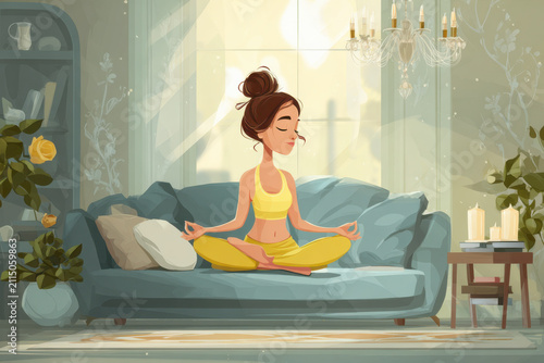 Young woman practicing yoga and meditating on sofa in cozy living room
