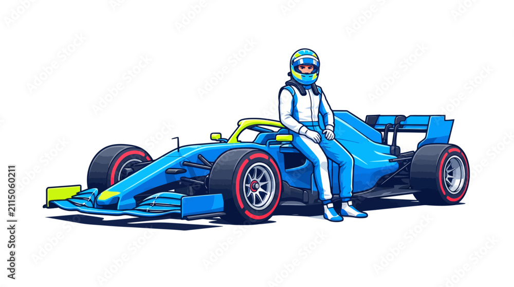 Fototapeta premium formula one race car speeding away on track Racing driver sitting on car