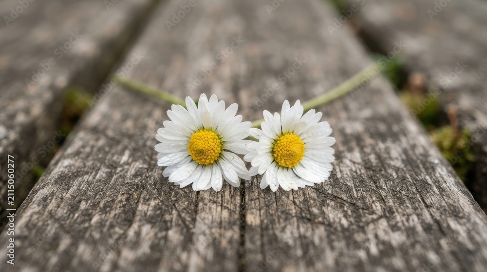 Obraz premium Two beautiful white daisy flowers resting on a rustic wooden surface representing a peaceful concept for world heart day celebration and healthy lifestyle awareness