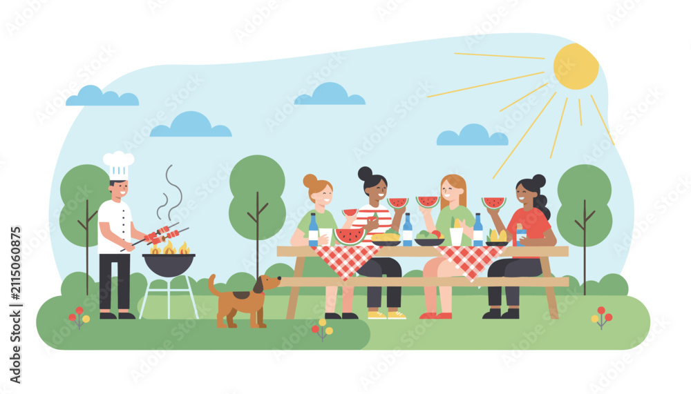 Fototapeta premium Group of friends enjoying summer picnic outdoors eating watermelon while chef cooks barbecue
