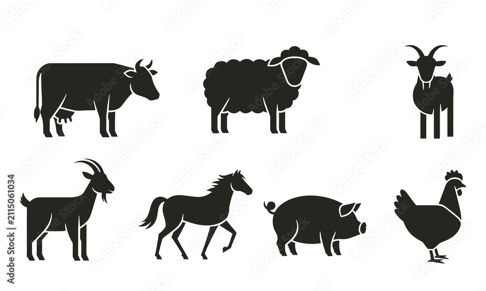 Fototapeta premium Collection of farm animal silhouettes including cattle sheep and poultry