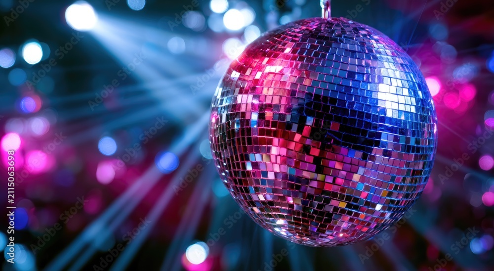 Obraz premium Sparkly disco ball reflecting vibrant pink and blue lights in a club