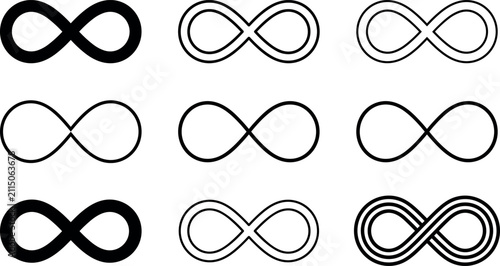 Infinity symbol vector icon set with minimal outline solid and linear ribbon loops for endless time concept logo template