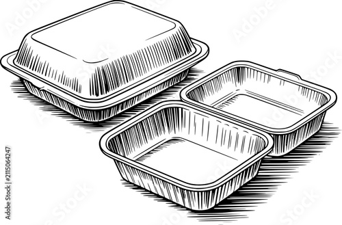 Foto Una línea en blanco y negro de recipientes de comida desechables vacíos para ser