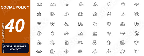 Social policy icon set with government support, public welfare, healthcare, education, law, family protection, social security, civil rights, insurance benefits and community services vector illustrat