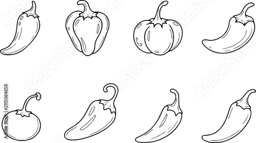 Konstfotografi Una colección de varios chiles y pimientos morrones ilustrados en un estilo simp