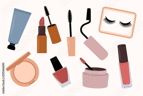 Una colección de varios productos de maquillaje y belleza que incluyen lápiz labial, rímel, esmalte de uñas y polvos faciales