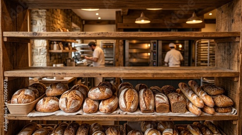 Artisan bakery with fresh bread loaves on wooden shelves.