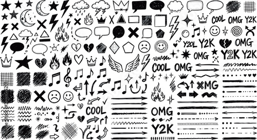 Foto Set of hand drawn y2k aesthetic doodles and grunge design elements with aestheti
