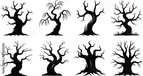 Konstfotografi Stylized vector silhouettes of dramatic leafless trees with twisted trunks, gnar