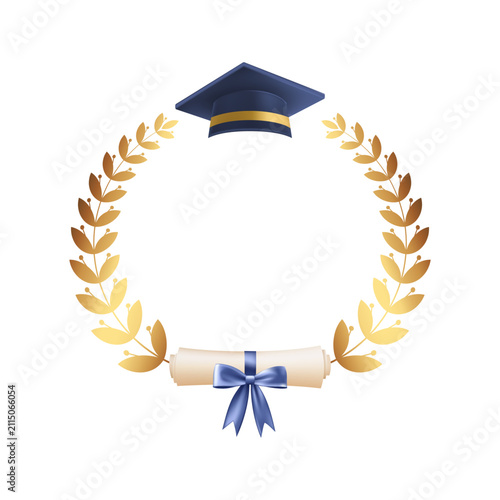 Elegant golden laurel wreath with graduation cap.