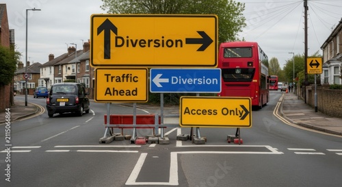 Traffic Diversion Signs Indicate Road Closure Ahead In Suburban Neighborhood