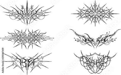Photography Set of abstract dark ornamental cyber sigils and spiky tribal vector elements wi