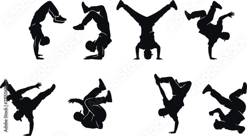 Foto Break Dance Silhouette Collection with B Boy Freeze Poses, Hip Hop Acrobat Moves