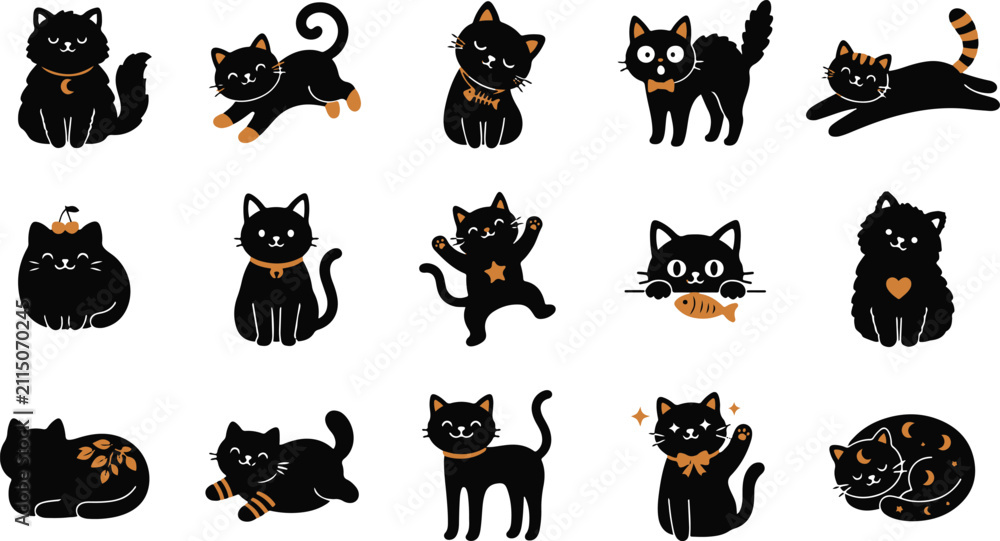 Obraz premium A collection of cute black cat stickers featuring various playful poses and expressions isolated on a clean white background for creative projects